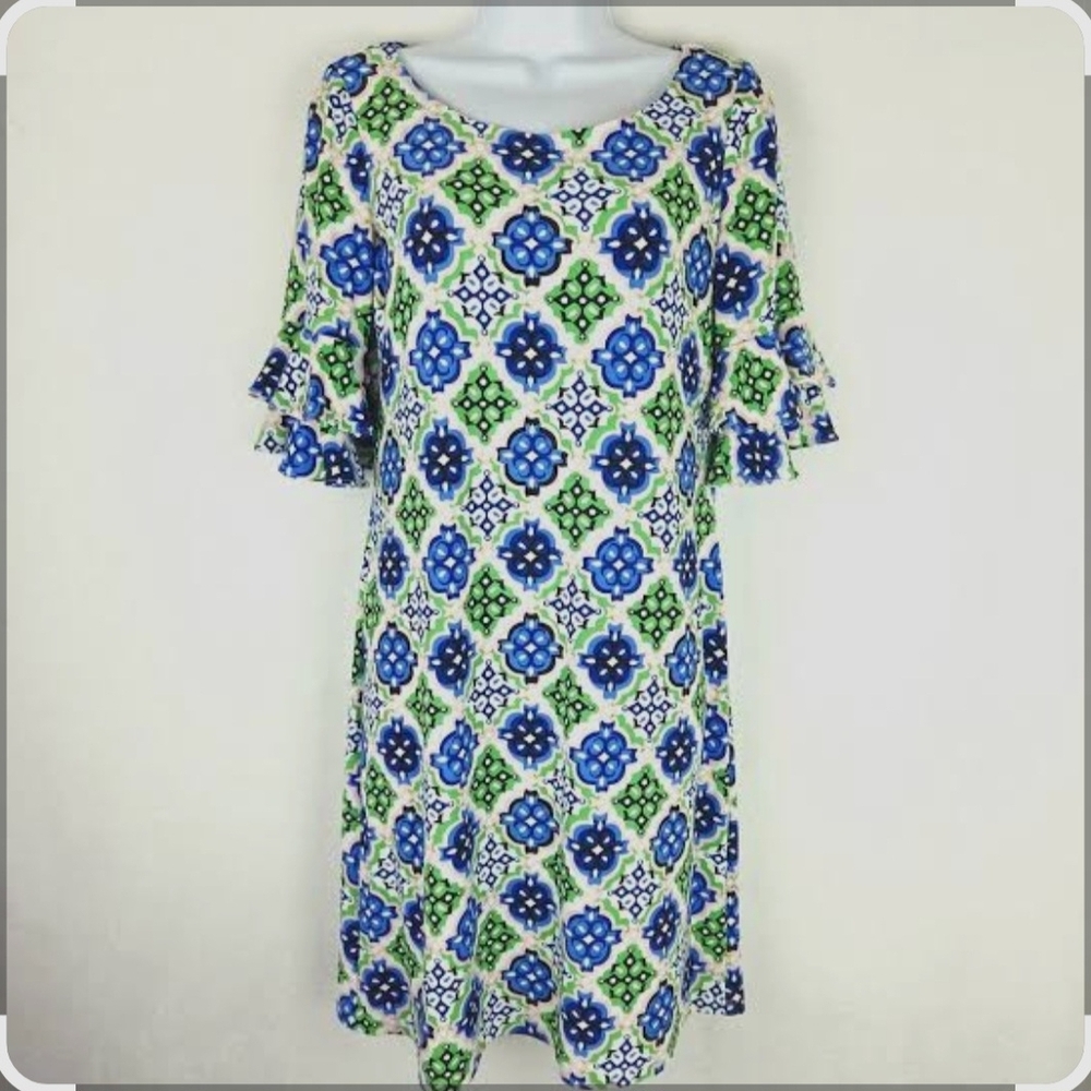 Pappagallo Blue & Green Floral Tile Midi Dress